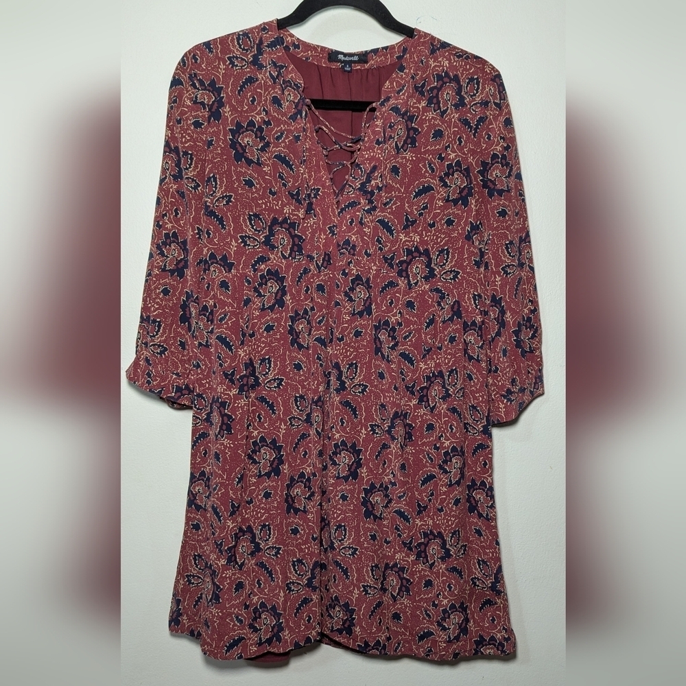 Madewell 100% Silk Babydoll Dress Red Blue Cream Assam Floral Women's Size S - Picture 2 of 7